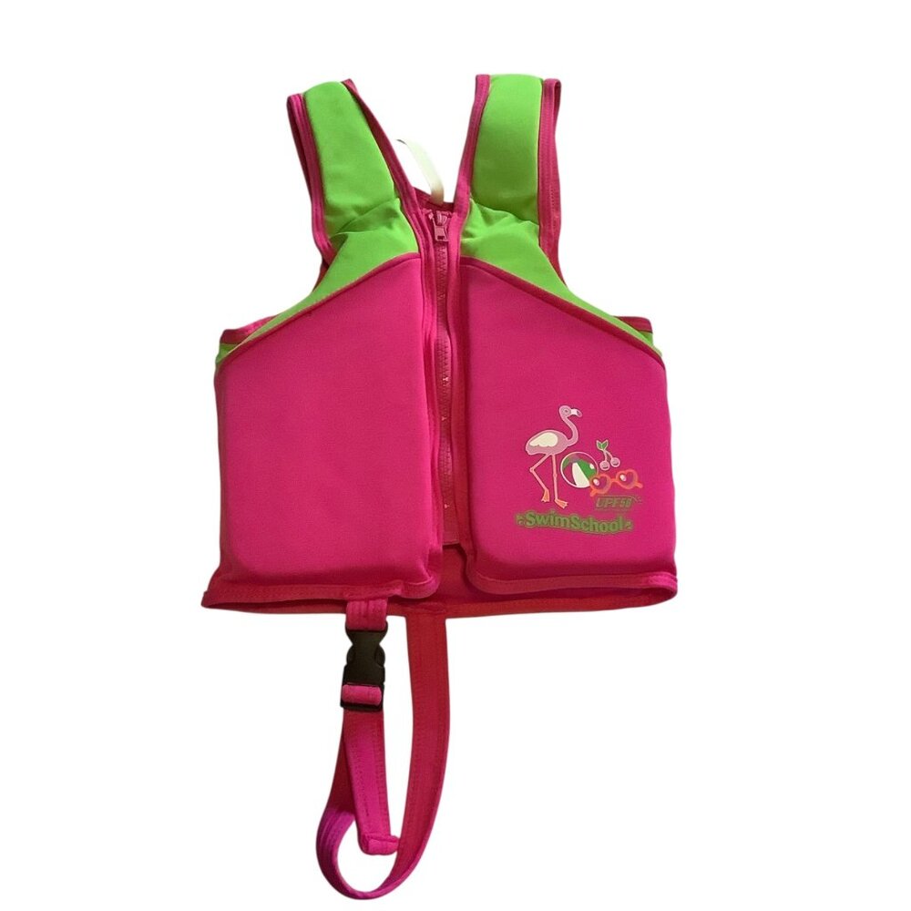 Kids SwimSchool UPF 50 Flamingo Pink & Green Swim Vest Adjustable Strap 33-55 lb